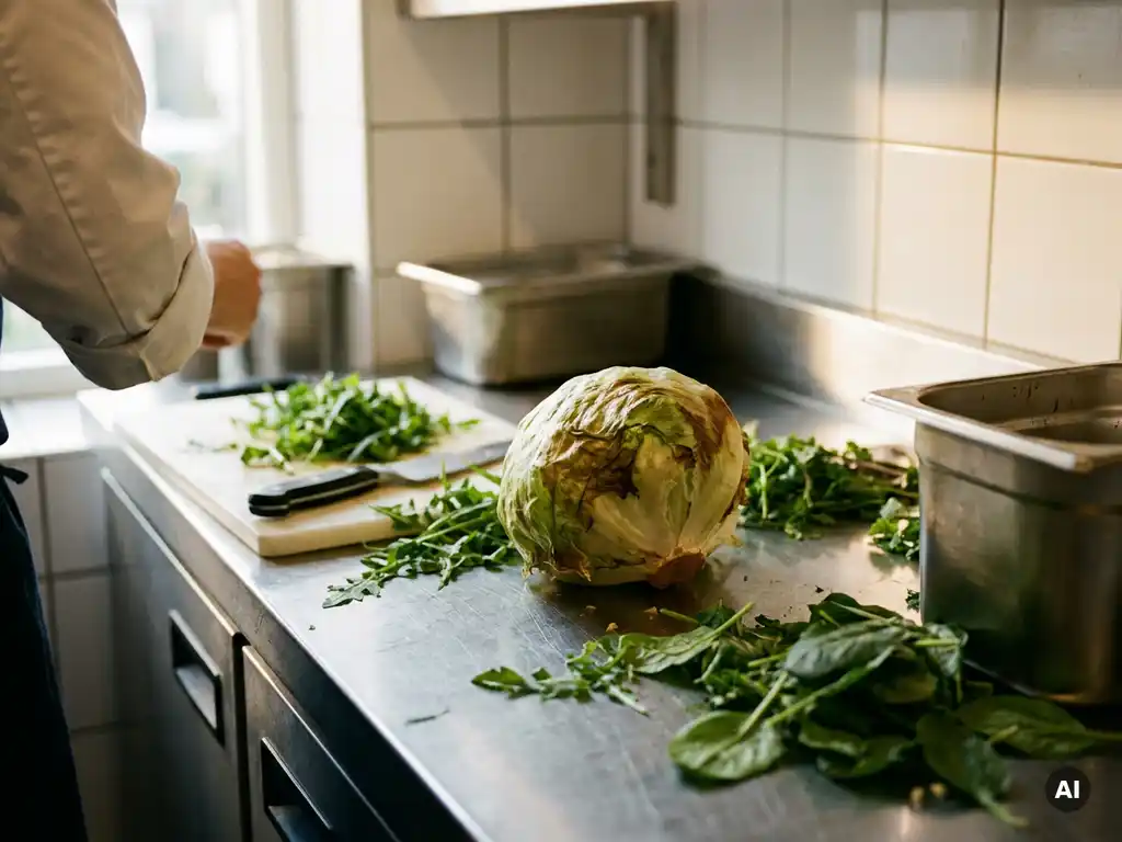 Welkender Salatkopf auf Edelstahltheke in Restaurantküche, umgeben von frischen Salatblättern und teilweise sichtbarer Komposttonne.